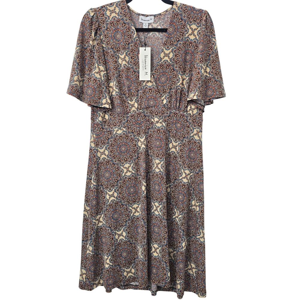 Veronica M Dress XL Geometric Midi Fit Flare Flutter Sleeve Jersey Boho Work